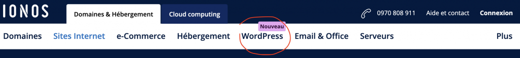 menu de navigation de la page d'accueil de ionos