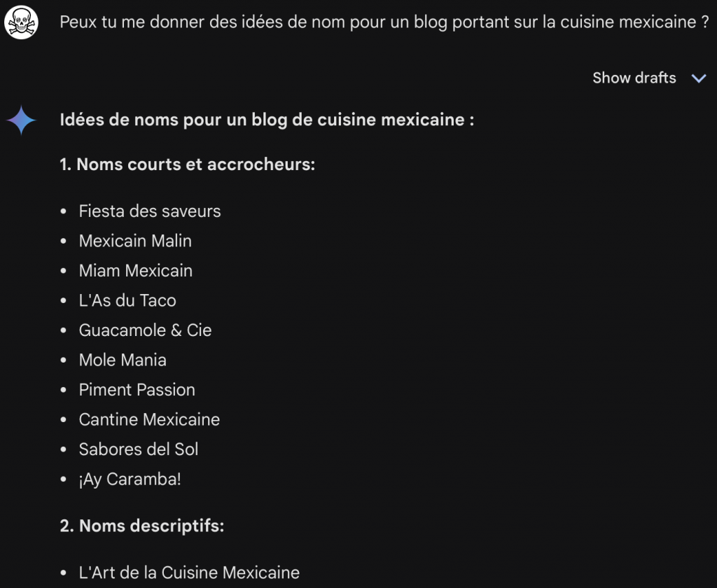 exemple de recherche de nom de blog avec gemini