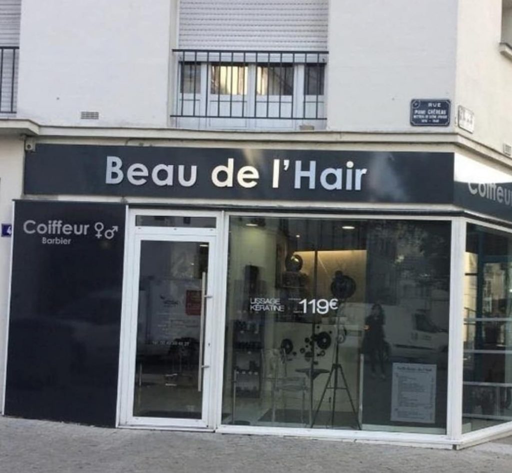 façade salon de coiffure beau de l'hair jeu de mots