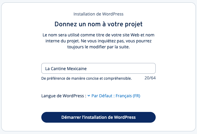 Une étape de l'installation de wordpress