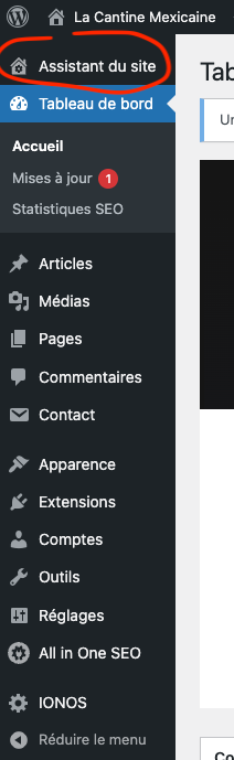 menu d'interface de wordpress