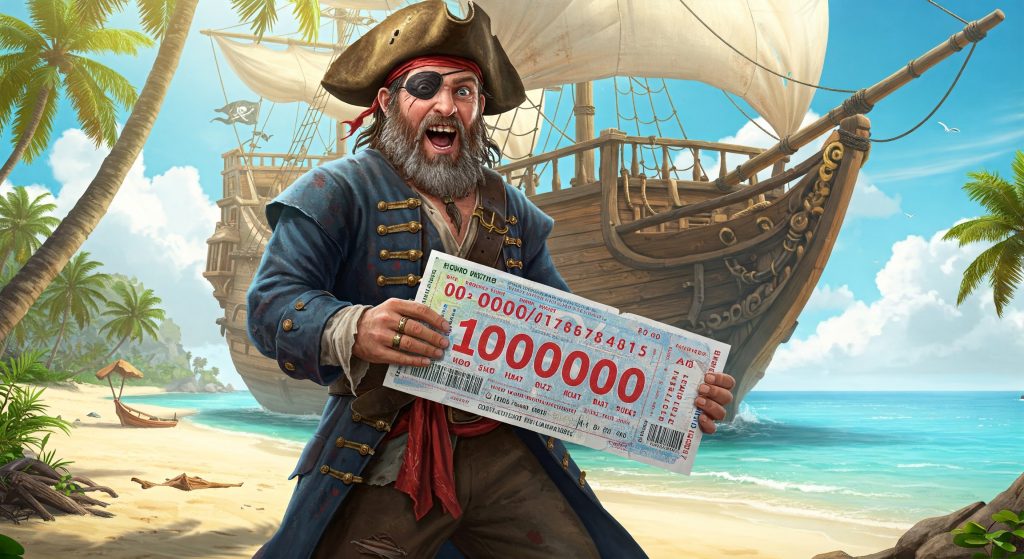 pirate avec ticket gagnant au loto sur une île déserte